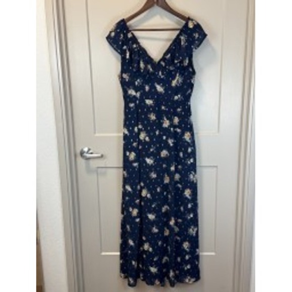 Mi Ami Francesca's Navy Blue Floral V-Neck Ruffled Maxi Dress Size Medium - Picture 8 of 9